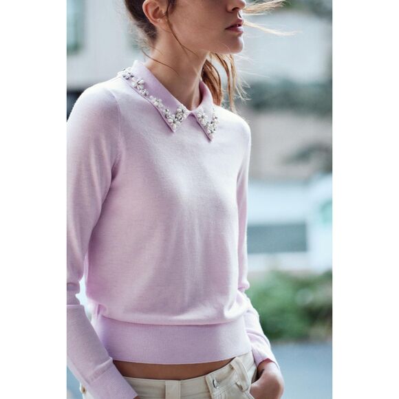 Purple Lilac Zara Pointed Jewel Rhinestone Bead Embellished Collar Knit Sweater - Picture 1 of 7